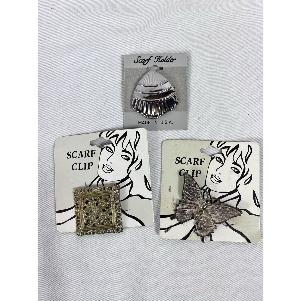 Vintage Scarf Clip Lot 3pc NOS Butterfly Shell Filigree Gold Silver Deadstock